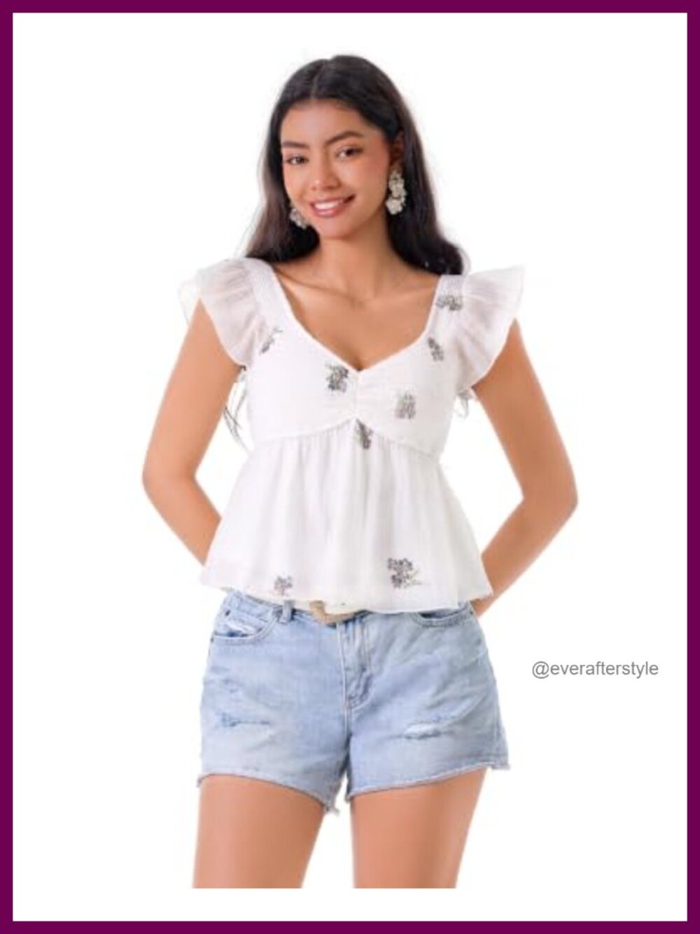 Floral Embroidered Square Neck Smocked Babydoll Blouse Flutter Sleeve